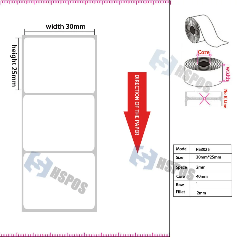 Thermal label self adhesive roll stickers paper 30*25mm single row 1000 sheets/roll customized logo printing sticker