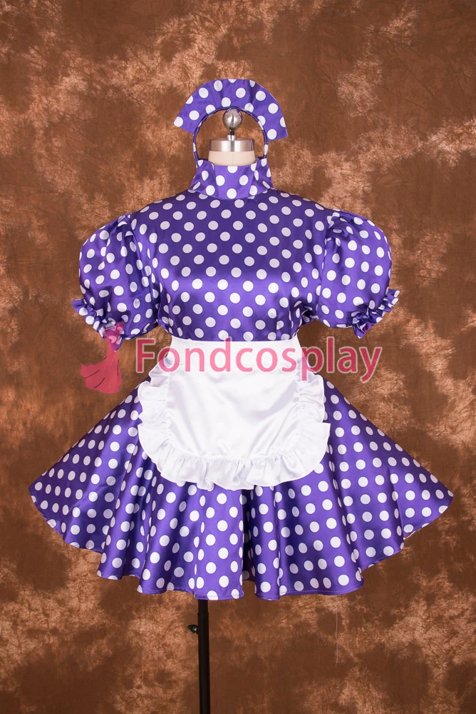 

fondcosplay adult sexy cross dressing sissy maid short Lockable Purple Dots Circle Satin Lace Dress white apron Uniform[S012]