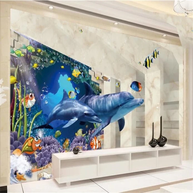 

wellyu обои wallpaper for walls 3 d 3D underwater world Dolphin TV background wall illustration behang tapety wallpapers