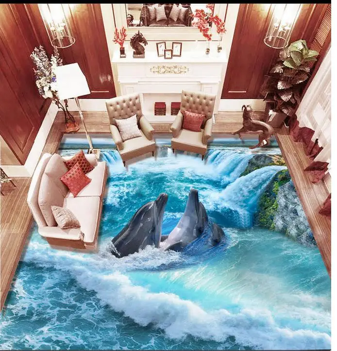 

Wear waterproof PVC floor waterfall dolphins living room floor kitchen 3D Home Decoration