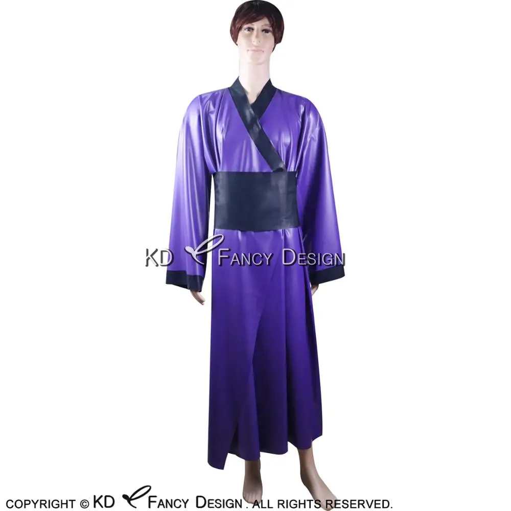 

Purple And Black Japanese Sexy Latex Kimono With Obi Band Belts Robe Rubber Dressing Gown Pajamas YF-0014