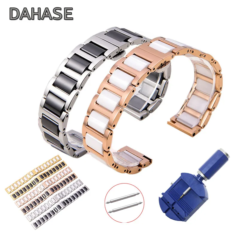 Dual Color Ceramic Watch band Butterfly Buckle Stainless Steel Replacement Smart watch Strap Belt Bracelet 14 16 18 20mm 22mm