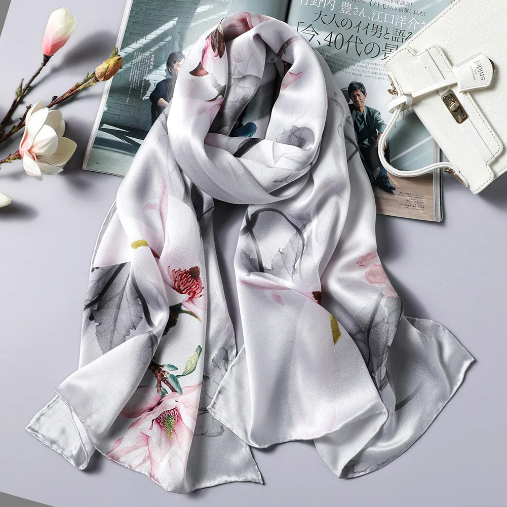 DANKEYISI Real Silk Scarf Women Long Neck Soft Nature Silk Scarf Female Floral Print Lady Scarves Bandana