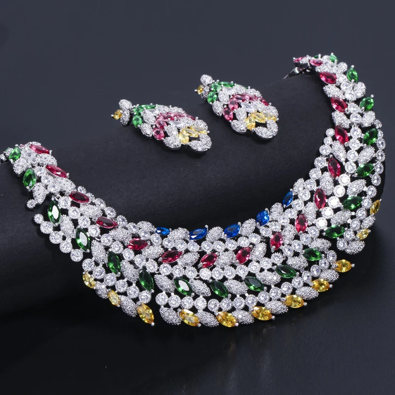 CWWZircons Shiny Multi Color Cubic Zirconia Large Heavy Bridal Necklace Jewelry Set for Brides Wedding Dress Accessories T178