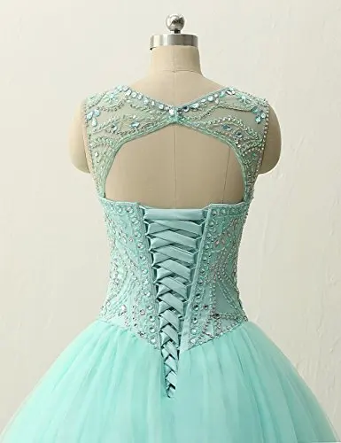 ANGELSBRIDEP Mint Green Quinceanera Dresses 15 Years Unique Neck Crystal Beading Bodice Full-Length Tulle Puffly Debutante Gowns