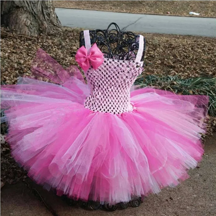 Cute Girls Crochet Tutu Dress Baby Handmade 2Layers Fluffy Tulle Ballet Tutus with Grosgrain Bow Headband Kids Party Dress Sets