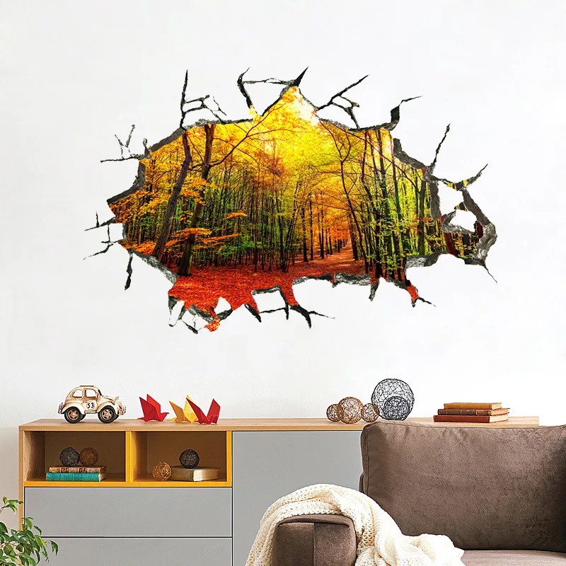 3D Brick Wall Pattern Deep Forest Tree Leaves Wall Stickers Home Decor Bedroom Ceiling Art Mural Self-adhesive Floor Wall Decals