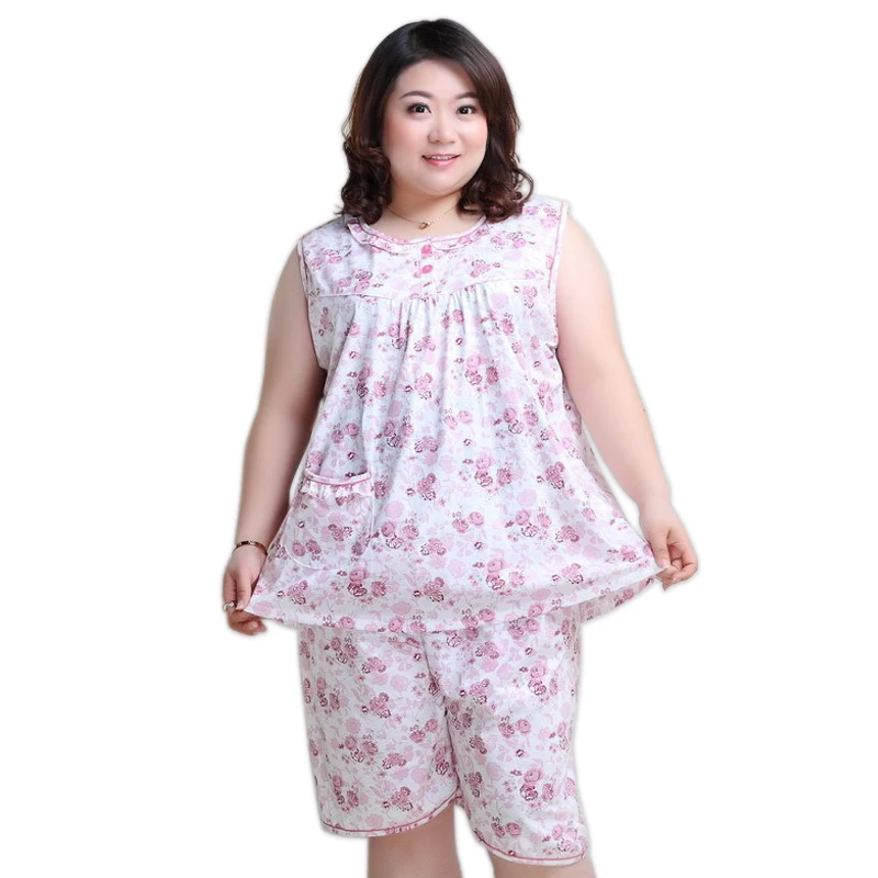 

Hot sale Plus size shorts pajamas sets women summer 65% cotton sleeveless pijama sleepwear Fresh Floral women pyjamas 130KG