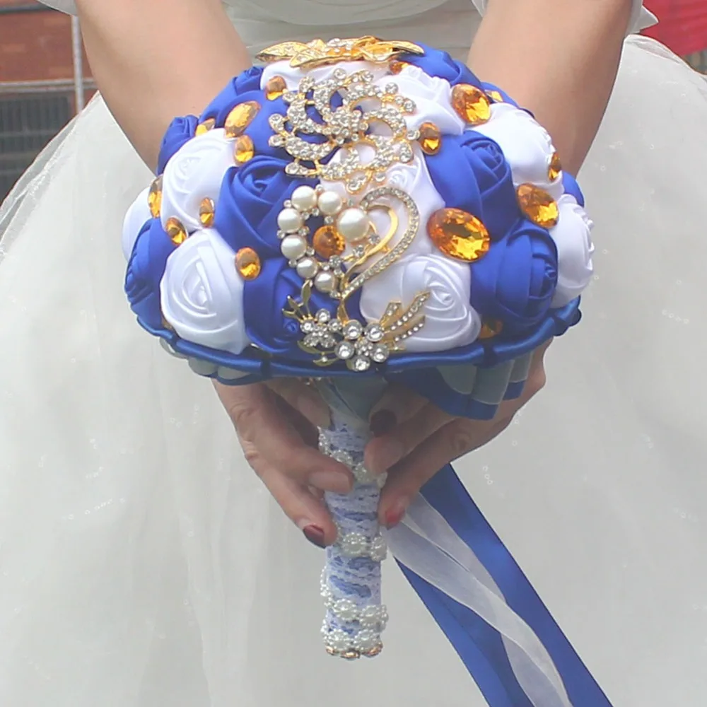 WifeLai-A Gold Brooch Hand Holding Flower Bouquets Custom Royal Blue Ivory Bridal Bridesmaid Crystal Silk Wedding Bouquet  W227