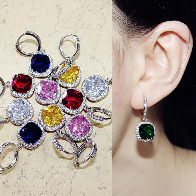 Sparkling Fashion Square Big Green Royal Blue Red Pink Yellow stone Drop Earrings Princess-cut Cubic Zirconia Women Jewelry