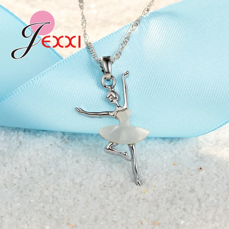 Elegant Woman Ballet Dance Pendant Fashion Khaki Dress Doll Necklace Earrings High Quality 925 Sterling Silver Color Jewelry Set