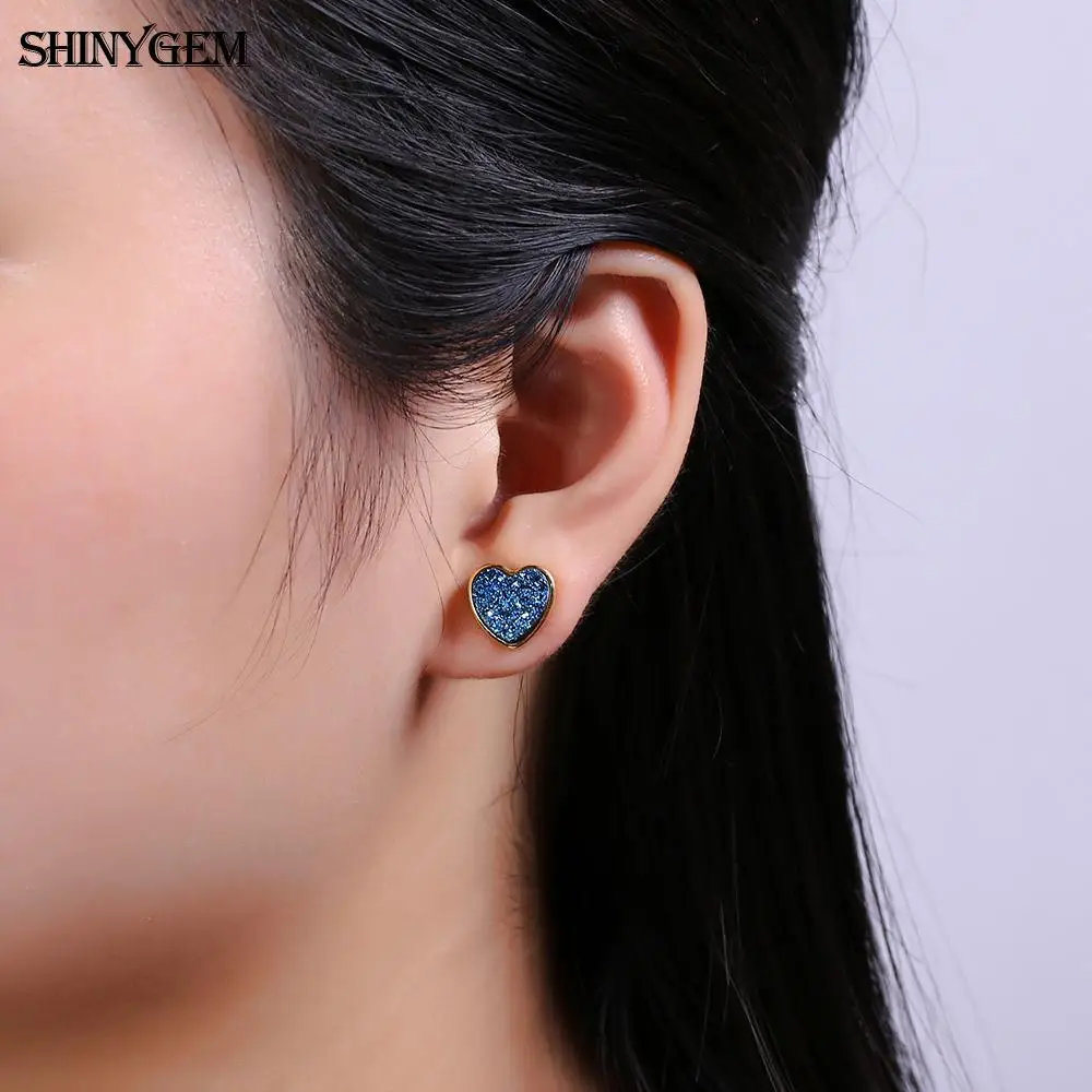 ShinyGem Cute 10mm Love Heart Natural Crystal Druzy Stone Earrings For Women 925 Sterling Silver Fashion Design Stud Earrings