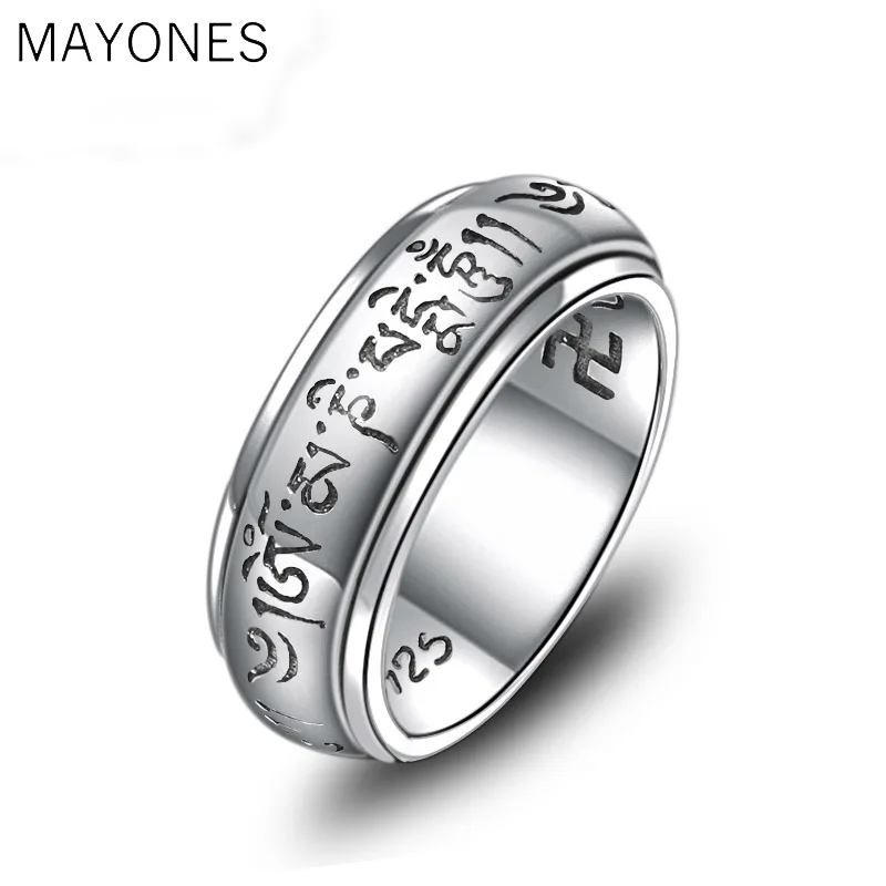 100% Real 925 Silver Tibetan OM Mantra Ring Buddhist OM Mani Padme Hum Ring Tibetan Spinning Ring Free Shipping