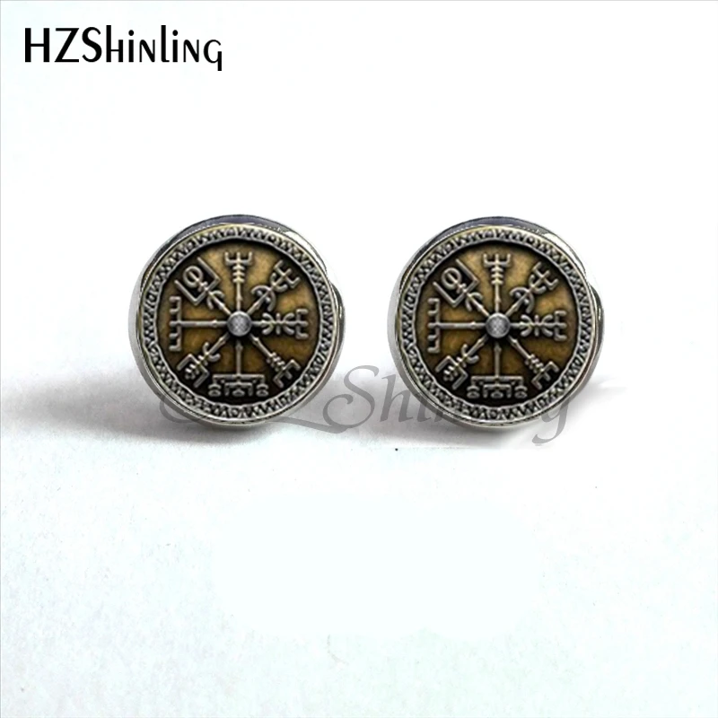 NES-0055  Viking Norse Studs Earrings Viking  Jewelry Vegvisir Viking Glass Cabochon Earrings Handmade HZ4