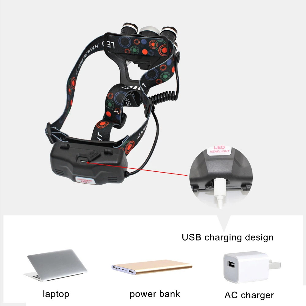USB Rechargeable 5 LED Headlight T6 Q5 LED Headlamp Head Lamp Hunting Fishing Light with USB Charging Line