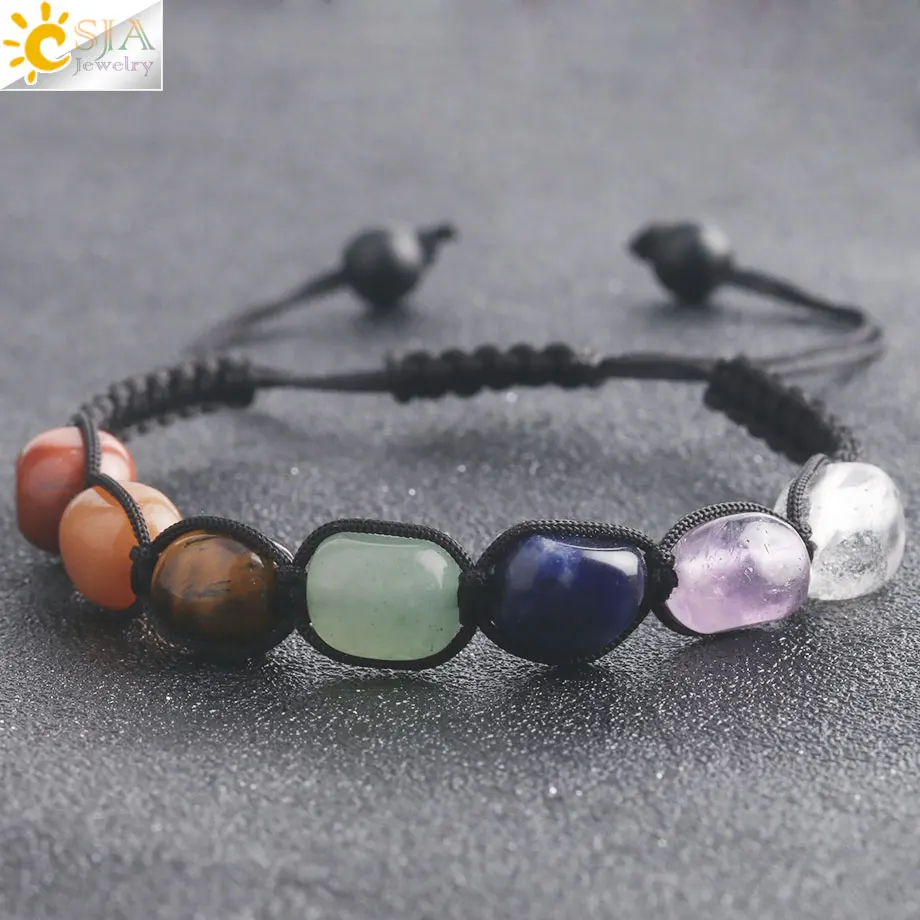 CSJA 7 Chakras Bracelets Reiki Natural Stone Braided Women Bracelet Healing Irregular Bead Handmade String Rope Adjustable G022 image 3
