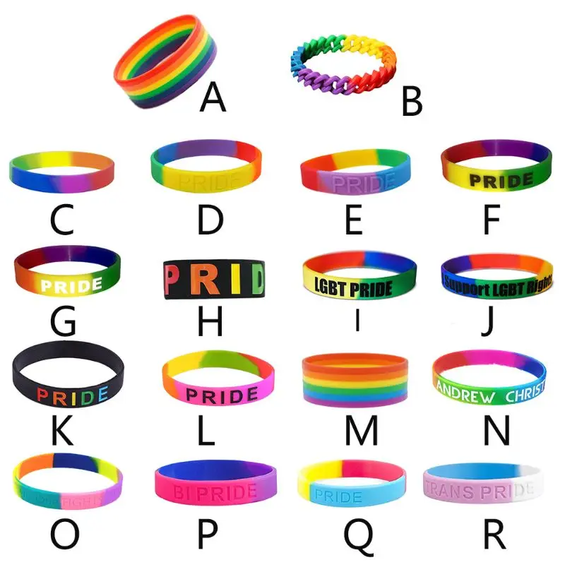 18 Types Unisex LGBT Rainbow Letters Sports Wristband Six-Color Gay Lesbian Pride Silicone Rubber Wristlet Bracelet Party Parade