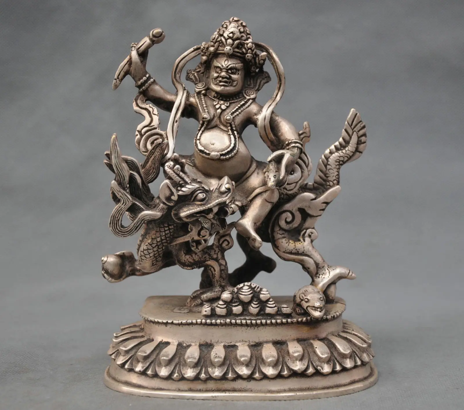 Chinese Taoism copper brass Deity Heaven Jade Emperor seat Dragon Chair Statue 15cm