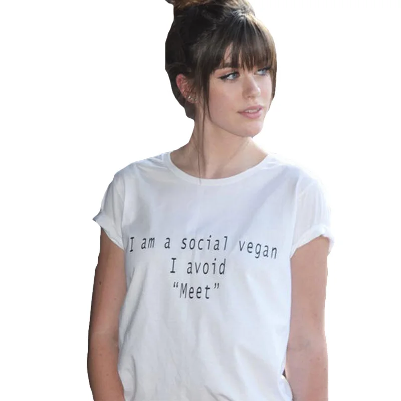 New I Am A Social Vegan  Avoid Meet T-shirt Women Casual White Tops Tee Shirt Femme Harajuku Streetwear Clothes  Tees