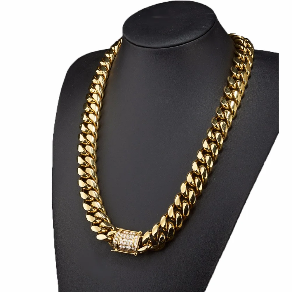 8/10/12/14/16/18mm Trendy 316L Stainless Steel Gold Color Miami Cuban Curb Link Chain Men Women Necklace  7-40\