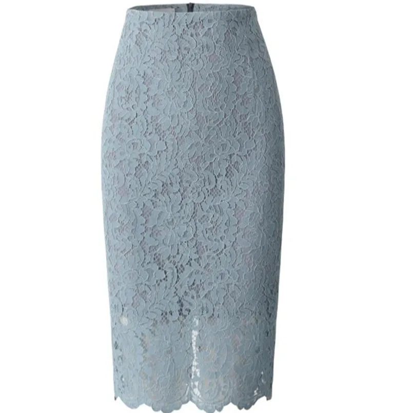 

High Waist Bodycon Lace Skirt Womens Black White Blue Feminino Formal High Quality Ladies Pencil Skirts