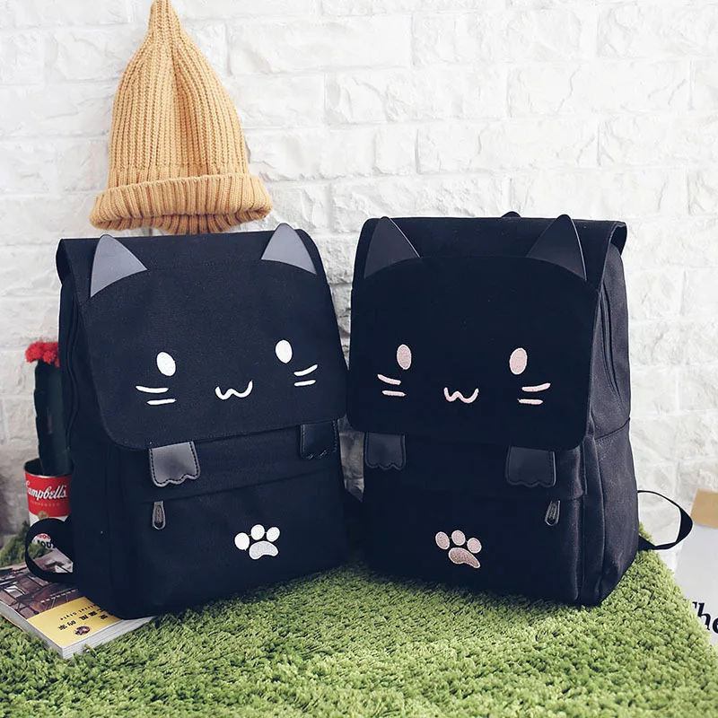 Embroidery Cute Cartoon Backpack Cat Ear Girl Schoolbag For Teenage Women Casual Black Canvas School Teen Backpack