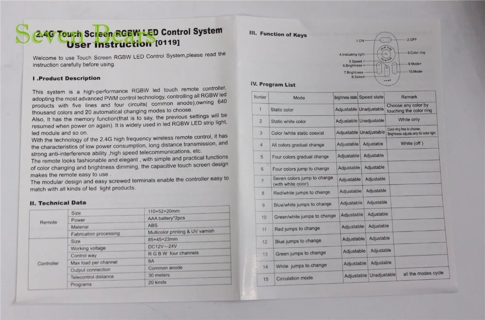 DC12-24A RGBW led controller 2.4G touch screen RF remote control for led stript,1set/lot