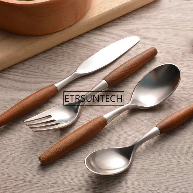 

Stainless Steel Cutlery with Wooden Handle Wood Dinner Fork Knife Western Matte Flatware Dinnerware Tableware Sets