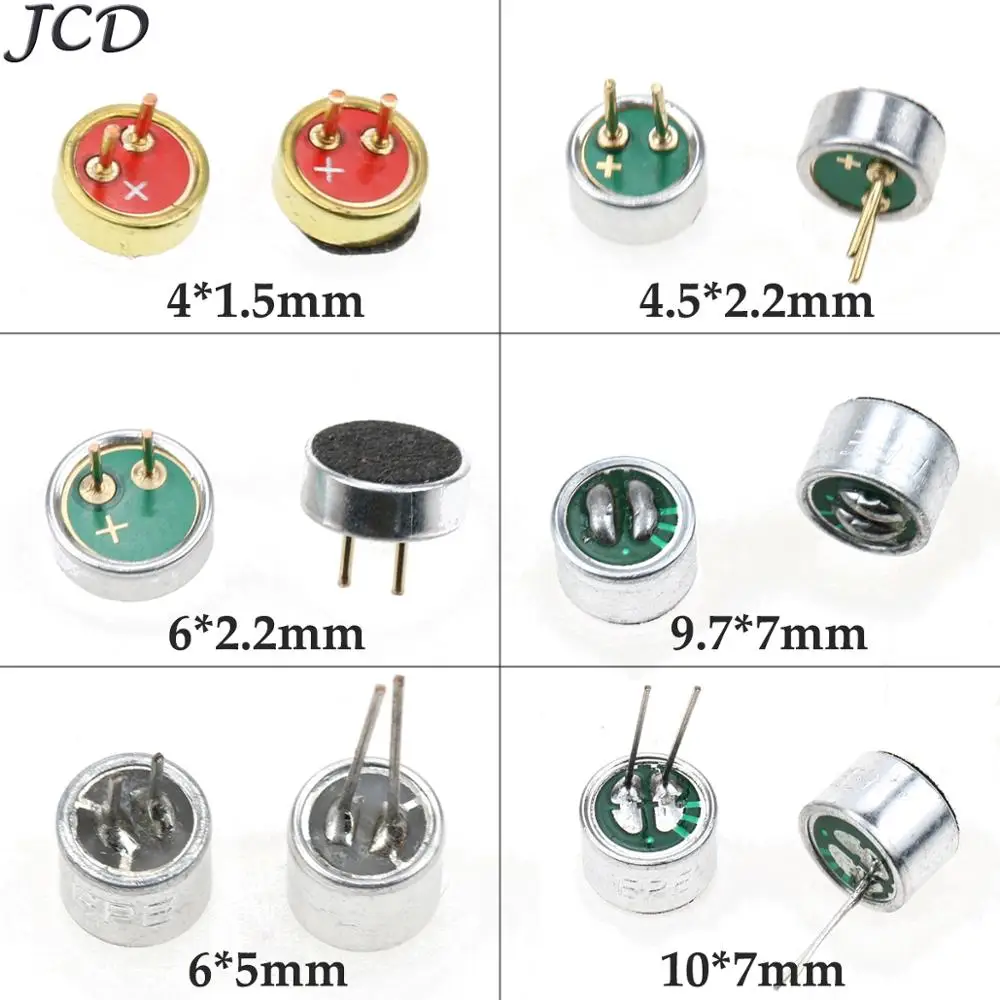 JCD 9.7mm x 7mm /10 x 7 mm/6x5 mm/6 x 2.2 mm/4.5*2.2 mm/4*1.5mm 2 Pin MIC Capsule Electret Condenser Microphone