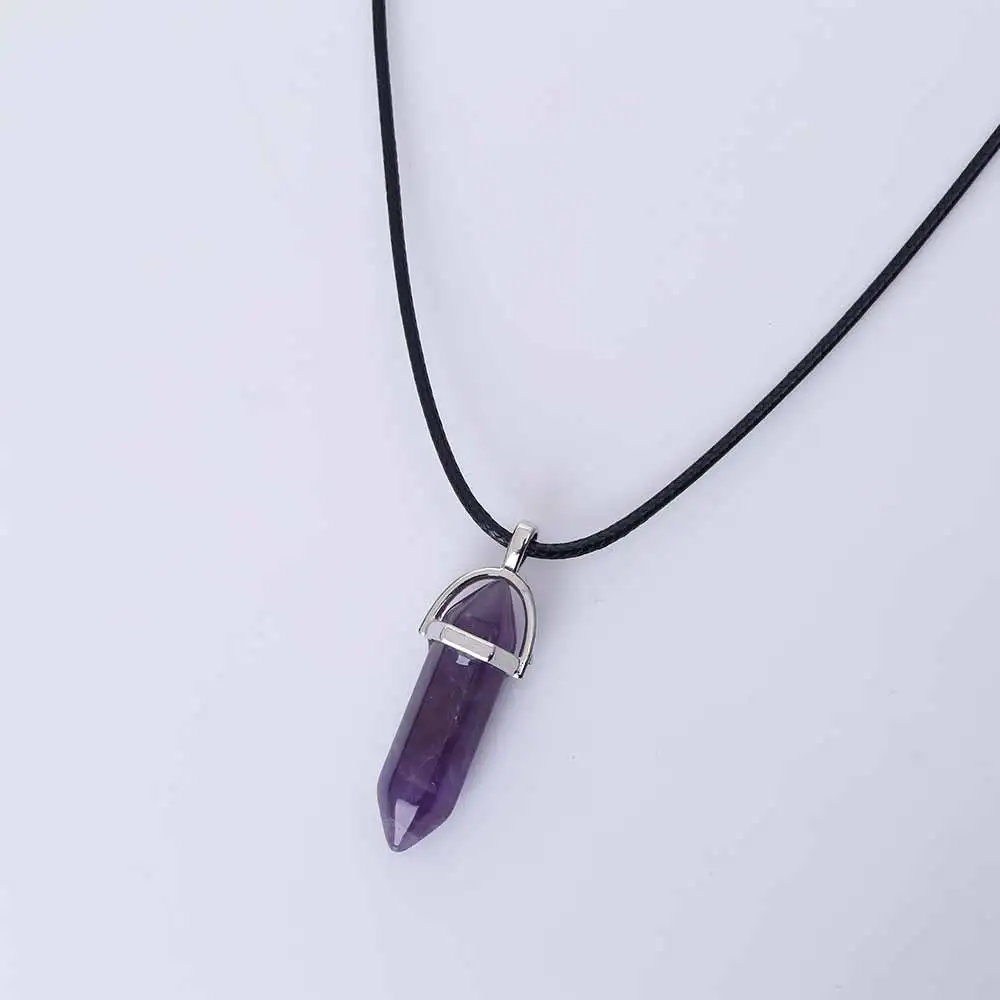 KISSWIFE Hexagonal Column Natural Crystal Tiger Eye Pendentif Amethyste Stone Pendant Leather Chains Necklace For Women Jewelry