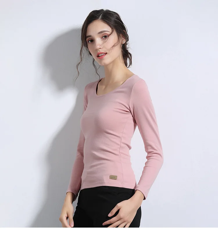 Basic Sturdy T Shirt Women Long Sleeve Cotton Tee Shirts Scoop Neck Top M-2XL