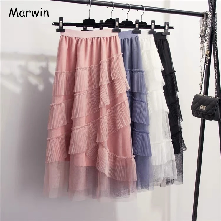 

Marwin 2019 New-Coming Spring Irregular Ruffle Mwsh Skirts Solid Lace High Empire Mid-Calf High Street Style Women Skirts