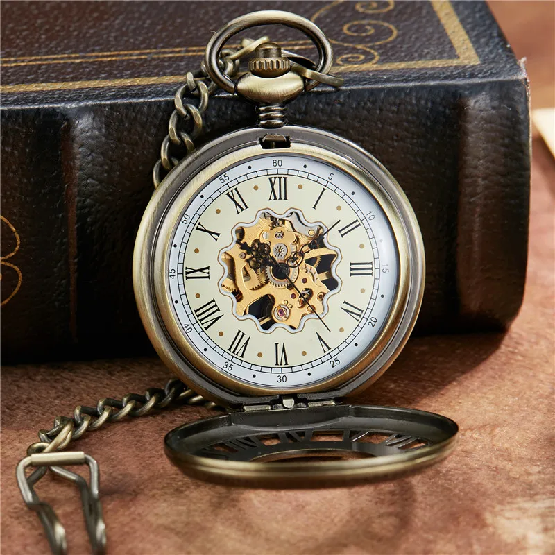 Vintage Roman Dial Mehanical Pocket Watch FOB Chain Smooth Golden Hollow Skeleton Hand Wind Mechanical Mens Womens Watch