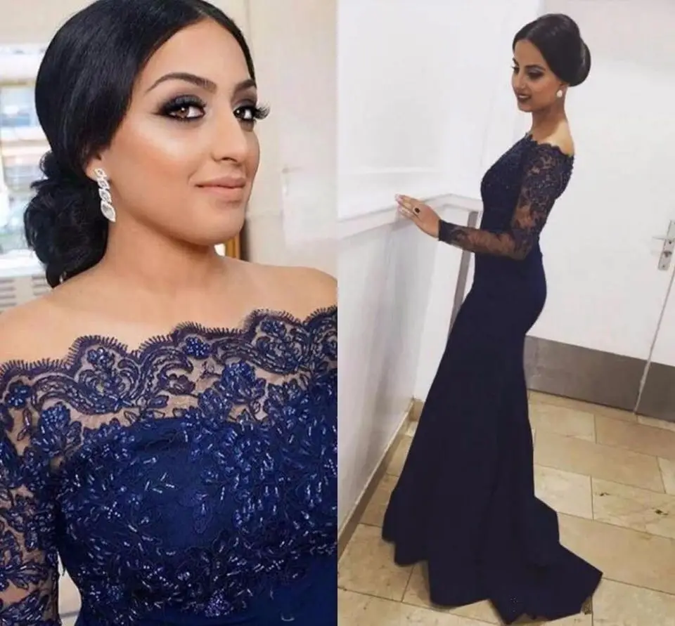 Sexy Lace Long Sleeves Off the shoulder Mermaid Evening Dress 2021 Formal Navy blue Mother of the bride dress Custom Made