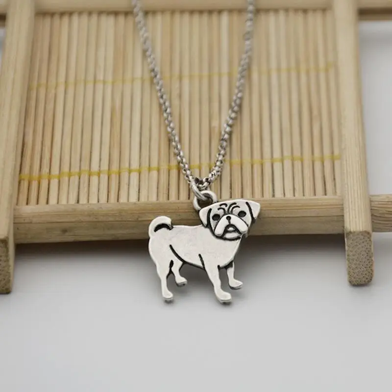 Vintage Silver Color Stainless Steel Long Chains Tiny Pug Pendant Necklace Companion Dog Necklaces For Women Men Best Gifts 2018