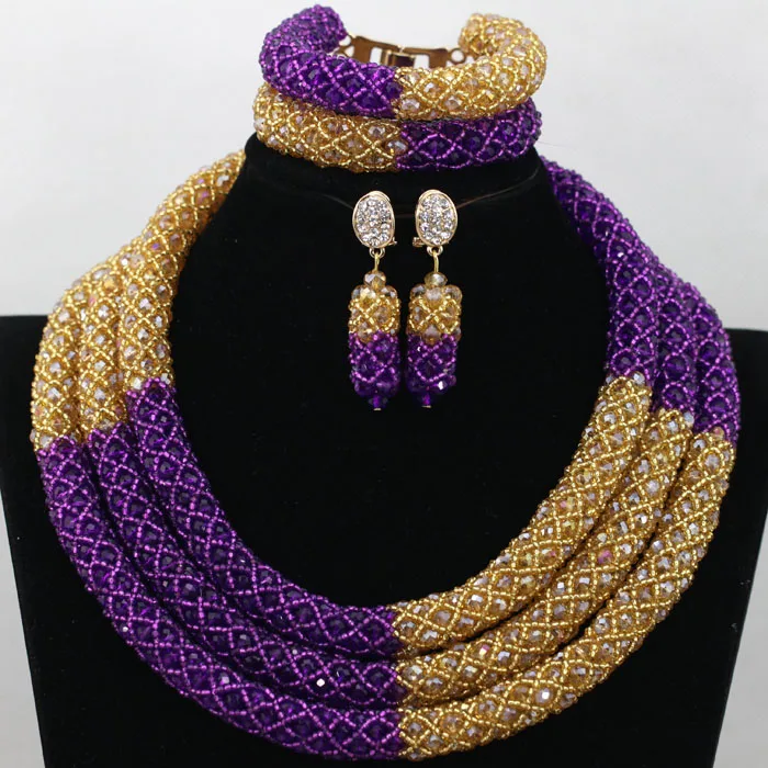 Hot Sale Handmade Crystal Beads African Bridal Jewelry Sets Purple Gold Nigerian Wedding Beads Necklace Free Shipping ABK107