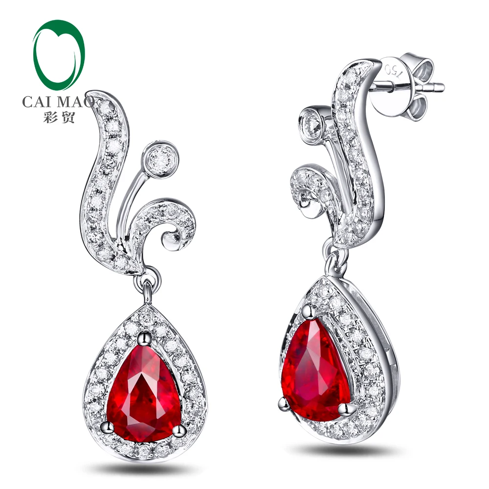 18KT White Gold 4x6mm Pear Cut 0.86ct Ruby & 0.29ct  Diamond Engagement Earrings