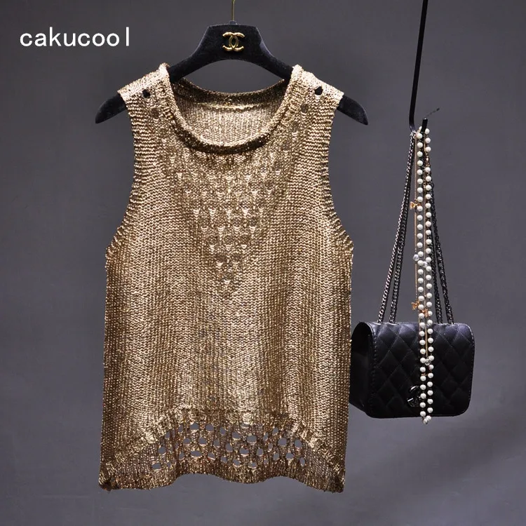 

Cakucool Gold Lurex Summer Camis Hollow out Knit Sleeveless Shirt Holes Casual Shiny Sequins Tank Top Camis Vintage Femme Khaki