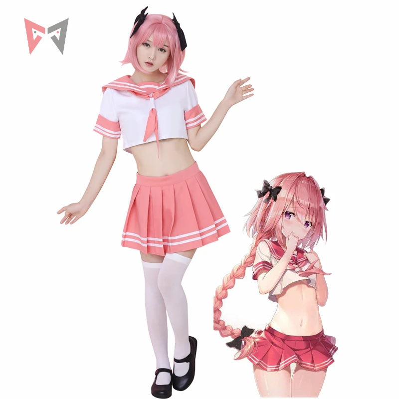 MMGG  Fate Cosplay Astolfo Cosplay Costume Short Shirt And All-around Pleated Skirt Pink Wig Stocking Hairpin Set