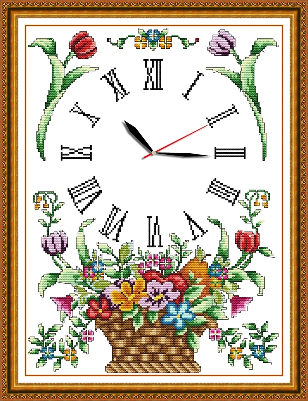 Flower basket clock cross stitch kit 14ct 11ct count print canvas wall clock stitching embroidery DIY handmade needlework