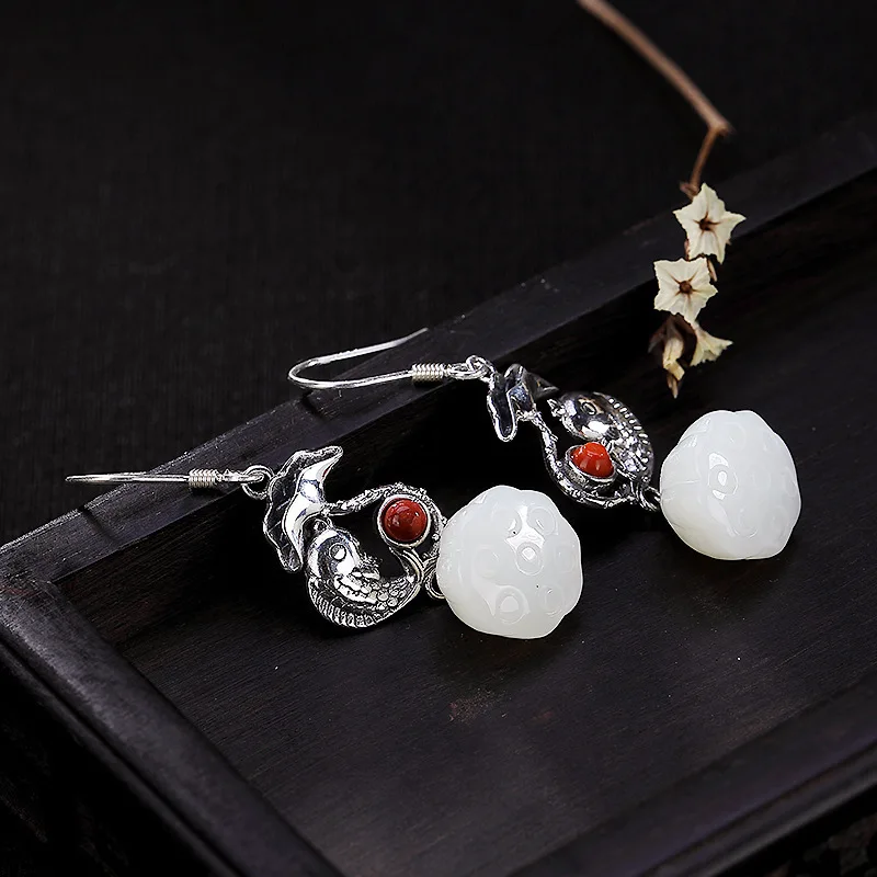 S925 pure silver inlay hetian lotus south red carp ms high-grade pendant earrings earrings