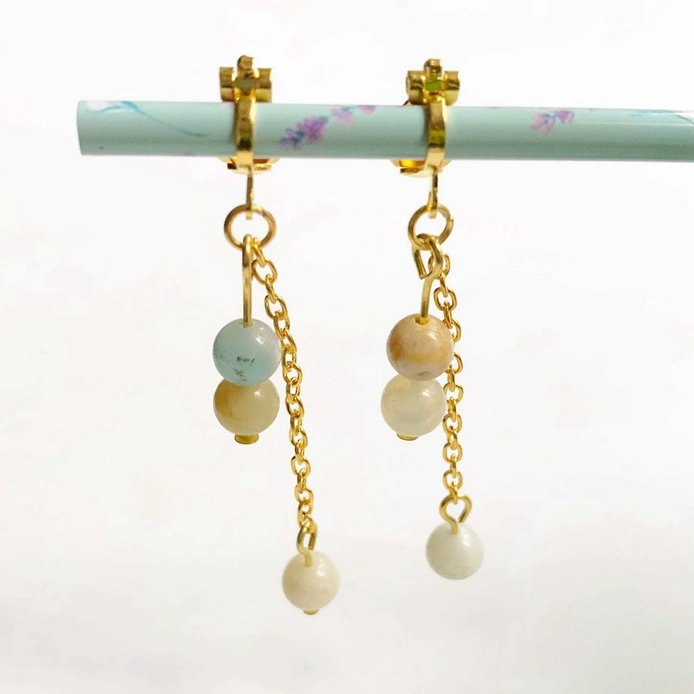 Natural Amazonite Beads Clip On Earrings Gold Plate Tassel Pendant Earrings Natural Stone Clip-on Earrings Without Piercing Girl