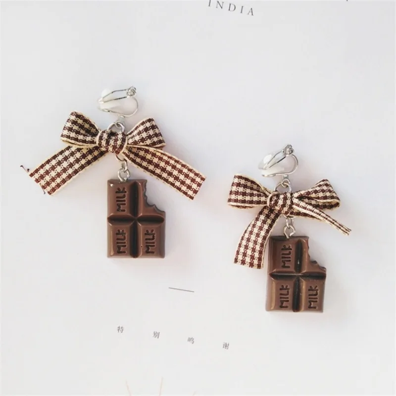 2019 Korean Fashion geometric bowknot cloth dangle earrings funny cute chocolate resin long earrings women jewelry ear clip gift