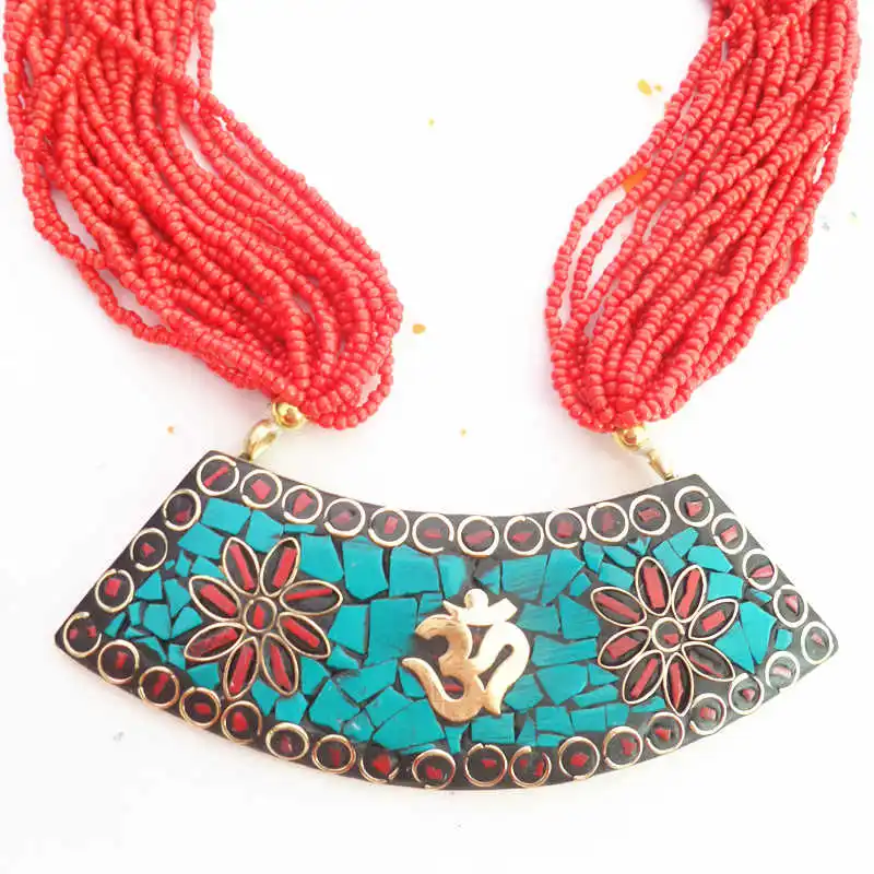 TNL600 Nepal Big Vintage Pendants Red Mini Beaded Necklace Tribal fashion Wholesale Tibetan Jewerly Handmade