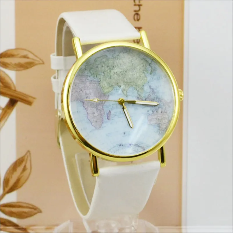 Womage-relojes informales para mujer y niña, pulsera de cuarzo con correa de cuero y mapa del mundo, diseño de moda