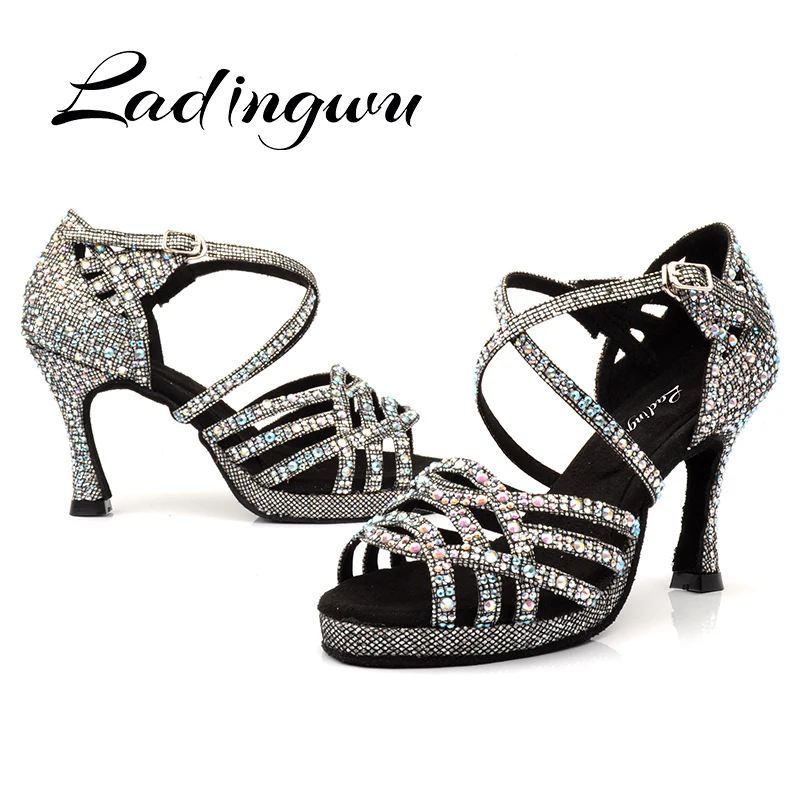 Ladingwu-zapatos de baile latino para niña, calzado de plataforma de Tango, zapatos de salón de baile, tacones altos con diamantes de imitación, purpurina, Salsa, Jazz