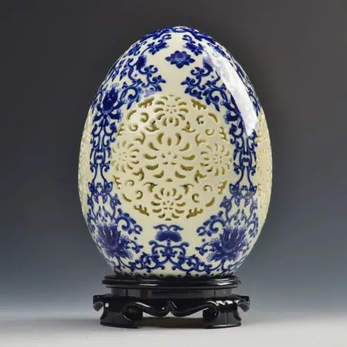 Exquisite Chinese archaize blue and white porcelain Egg-shape ornament Openwork carving art statue