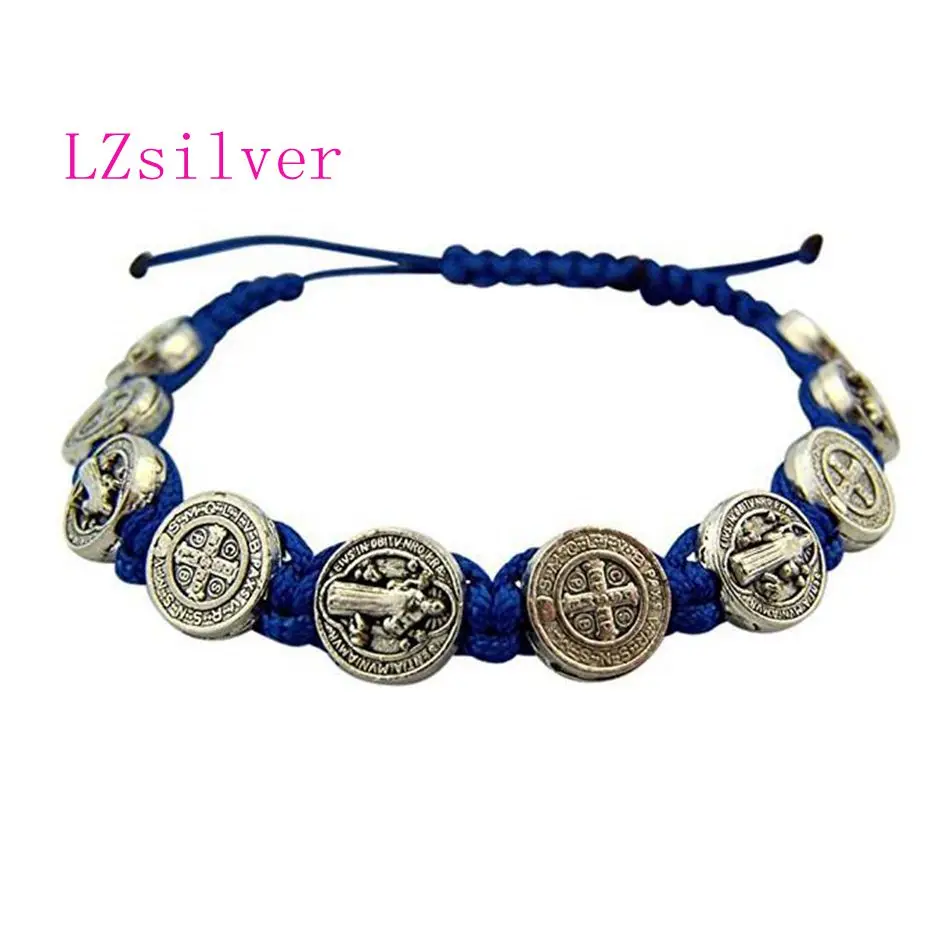 5 Pcs Zinc Alloy Saint St Benedict Medal ON Adjustable Blue Cord Bracelets 8 Inch B-41