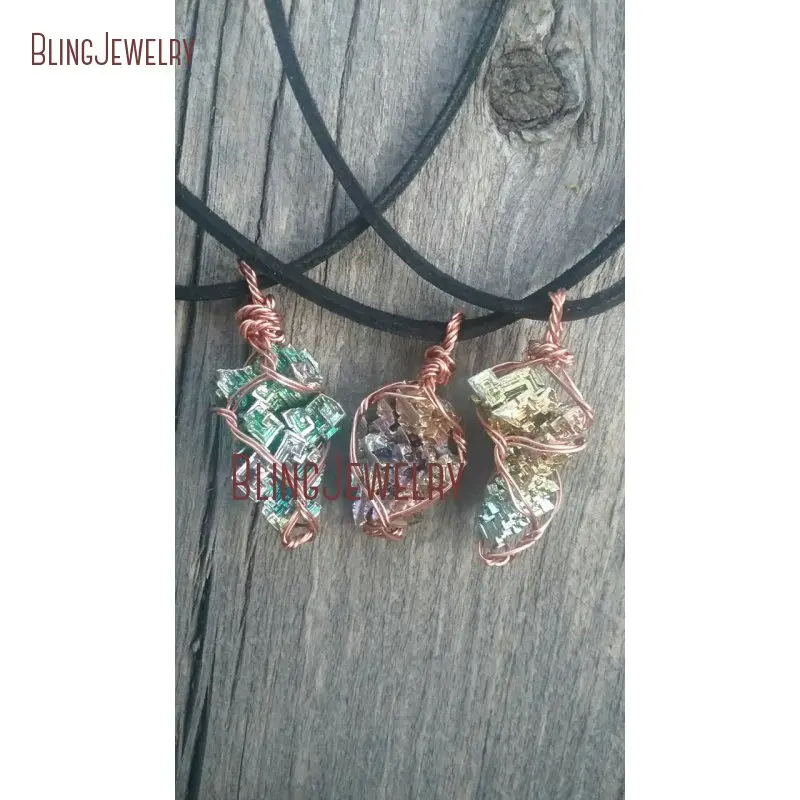 

Rose Gold Color Wire Wrapped Rainbow Pure Bismuth Crystal Pendant Necklace Black Leather NM26426