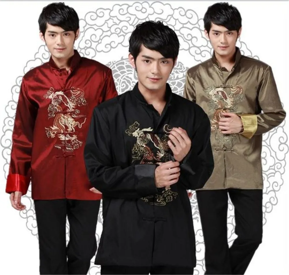 

Shanghai Story Long Sleeve Chinese Traditional clothing Gold Dragon shirt for men mandarin collar kungfu shirt